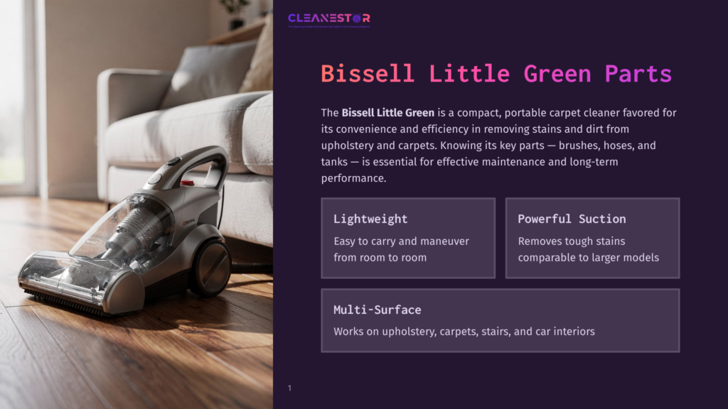 A Bissell Little Green Portable Carpet Cleaner Sits On A Wooden Floor Next To A Cream-Colored Sofa. The Cleaner Is Transparent, Showing Its Internal Components, And Has A Silver Handle. Text On The Right Reads &Quot;Bissell Little Green Parts&Quot; And Describes Its Features.