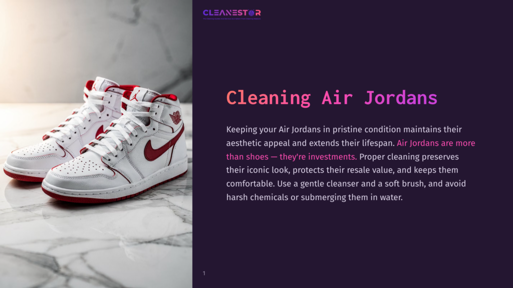 A Pair Of Clean White And Red Air Jordan 1 Sneakers Are Displayed On A Marble Surface, With The Cleanestor Logo Visible In The Top Left Corner Of The Accompanying Text.