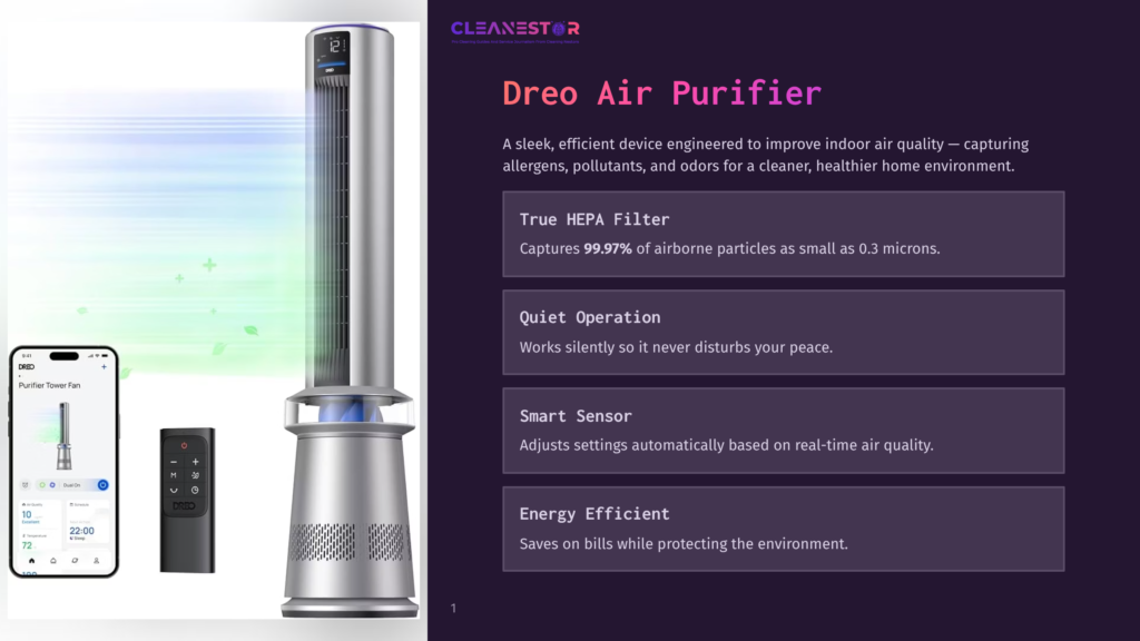 The Cleanestor Dreo Air Purifier Tower, A Sleek Silver Device With A Blue Light Ring, Is Shown Next To Its Remote And A Smartphone Displaying The Purifier'S App Interface. Text Highlights Features Like &Quot;True Hepa Filter,&Quot; &Quot;Quiet Operation,&Quot; &Quot;Smart Sensor,&Quot; And &Quot;Energy Efficient.