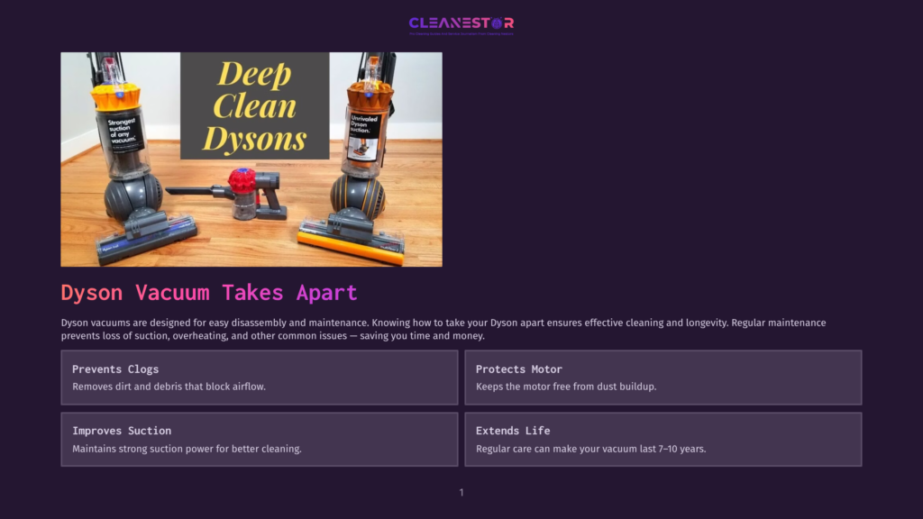 Disassembled Dyson Vacuum Cleaner Parts, Including The Cyclone And Wand, Are Laid Out On A Wooden Surface Next To A Cleaning Brush. The Text &Quot;Deep Clean Dysons&Quot; Is Overlaid On The Image.