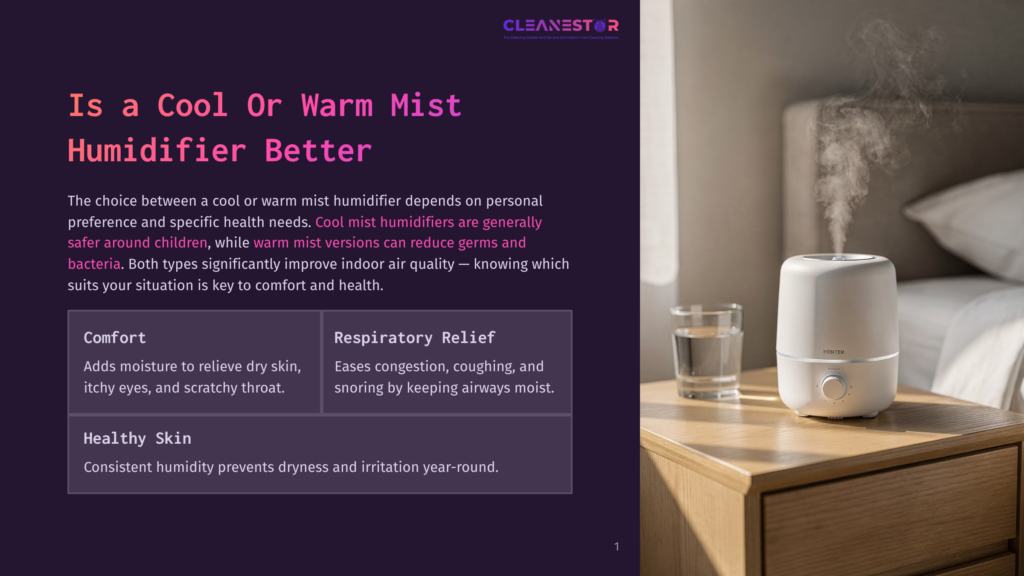 A White Cool Mist Humidifier Emits A Visible Plume Of Vapor Onto A Wooden Nightstand Next To A Glass Of Water. The Humidifier Has A Minimalist Design With A Dial Control.