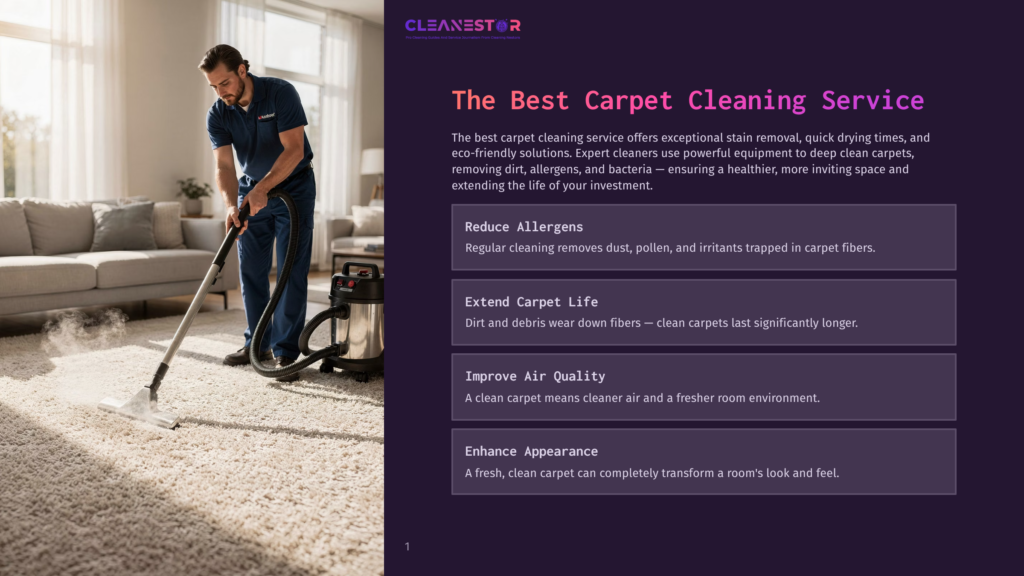 A Man In A Blue Uniform Uses A Carpet Cleaning Machine On A Cream-Colored Carpet In A Bright, Modern Living Room. The Text &Quot;Cleanestor The Best Carpet Cleaning Service&Quot; Is Visible.