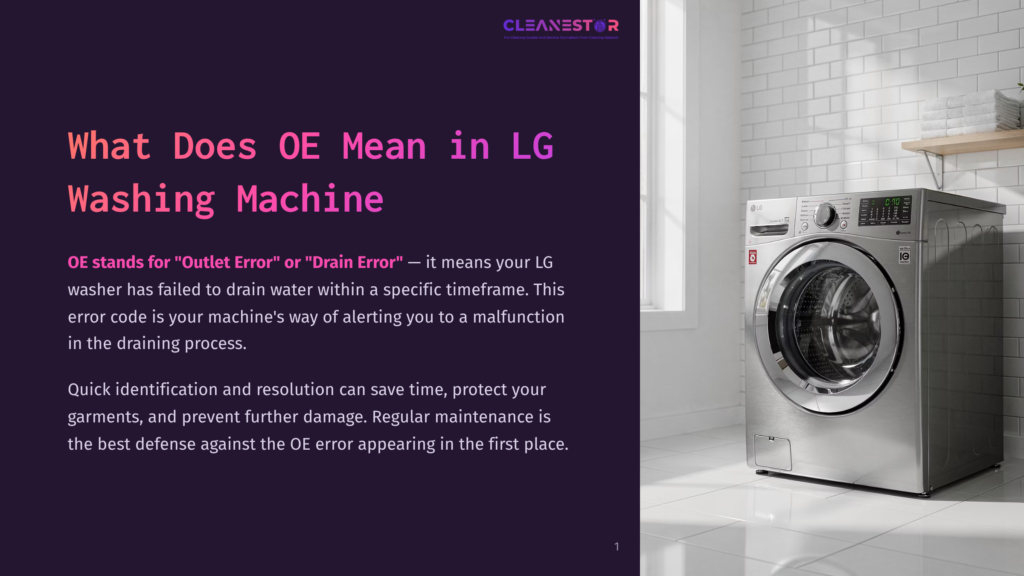 Lg Washing Machine With &Quot;Oe&Quot; Error Code On Display, Indicating An Outlet Or Drain Error. The Modern Stainless Steel Appliance Is Shown In A Clean, Tiled Laundry Room Setting.