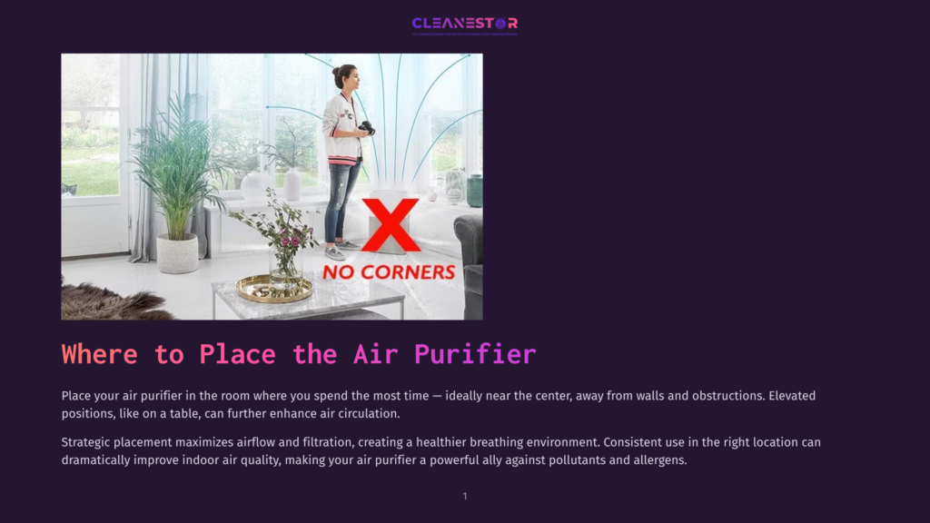 A Woman Stands In A Bright, Modern Living Room, A Modern Air Purifier With A Red &Quot;X No Corners&Quot; Graphic Placed In The Center Of The Room. Clean Air Flows From The Purifier.
