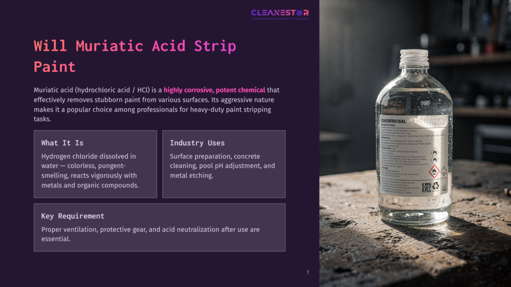 1 Will Muriatic Acid Strip Paint A Clear Bottle Of Muriatic Acid (Hydrochloric Acid) With A White Label Reading &Quot;Muriatic Acid&Quot; And Safety Warnings, Sitting On A Surface Next To A Graphic About Its Paint Stripping Properties.