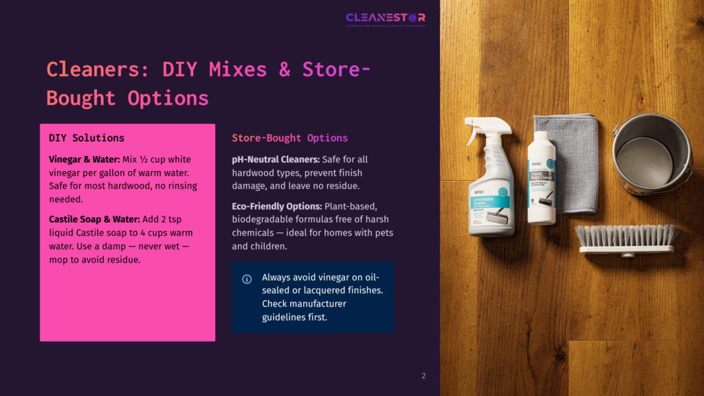 Diy Cleaning Solutions And Store-Bought Options For Hardwood Floors, Including Vinegar, Castile Soap, Ph-Neutral Cleaner, And Eco-Friendly Formulas, With Cleaning Tools Like A Spray Bottle, Microfiber Cloth, Bucket, And Brush.