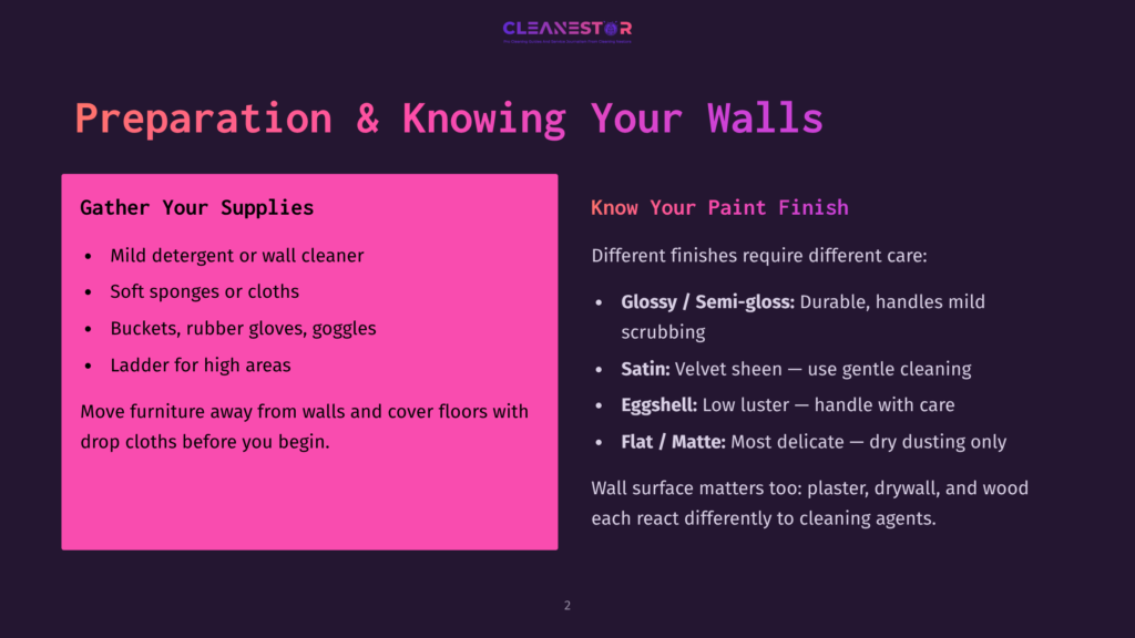 Presentation Slide Titled &Quot;Preparation &Amp; Knowing Your Walls&Quot; With Sections On &Quot;Gather Your Supplies&Quot; (Mild Detergent, Soft Sponges, Buckets, Gloves, Ladder) And &Quot;Know Your Paint Finish&Quot; (Glossy, Satin, Eggshell, Flat/Matte). The Background Is Dark Purple With Pink Accents.