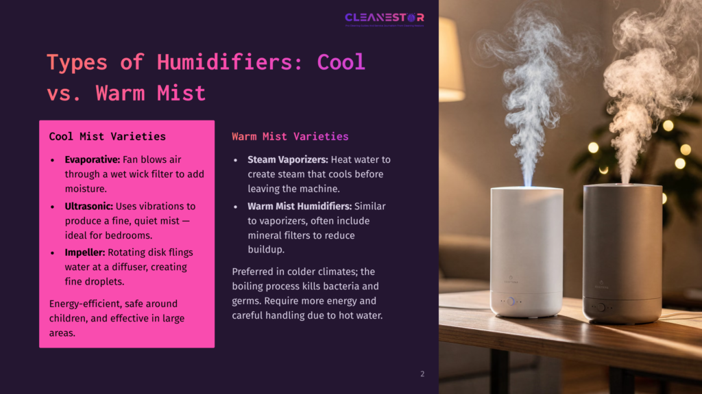 Two Humidifiers, One White And One Gray, Emit Streams Of Mist On A Table. The Image Displays Text Comparing &Quot;Cool Mist Varieties&Quot; And &Quot;Warm Mist Varieties&Quot; Of Humidifiers.