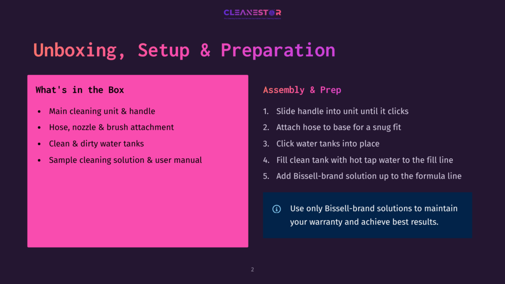 Cleanestor Logo At The Top, With &Quot;Unboxing, Setup &Amp; Preparation&Quot; Title. Left Side Details &Quot;What'S In The Box&Quot; With Bullet Points: Handle, Hose, Brush, Tanks, And Solution. Right Side Details &Quot;Assembly &Amp; Prep&Quot; With Numbered Steps For Attaching The Hose, Filling Tanks, And Using Bissell-Brand Solutions.