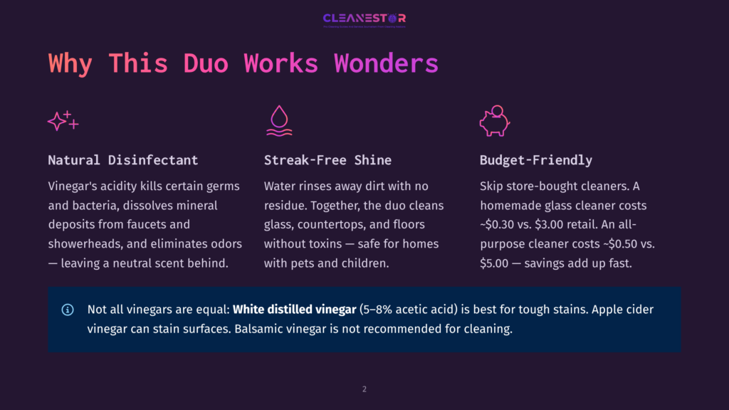 The Cleanestor Logo Is Displayed Over A Dark Background With A Gradient Of Purple And Pink. The Text &Quot;Why This Duo Works Wonders&Quot; Is Prominently Featured In White. Below, Three Columns Describe Benefits: &Quot;Natural Disinfectant,&Quot; &Quot;Streak-Free Shine,&Quot; And &Quot;Budget-Friendly,&Quot; Each With Accompanying Icons And Descriptive Text.
