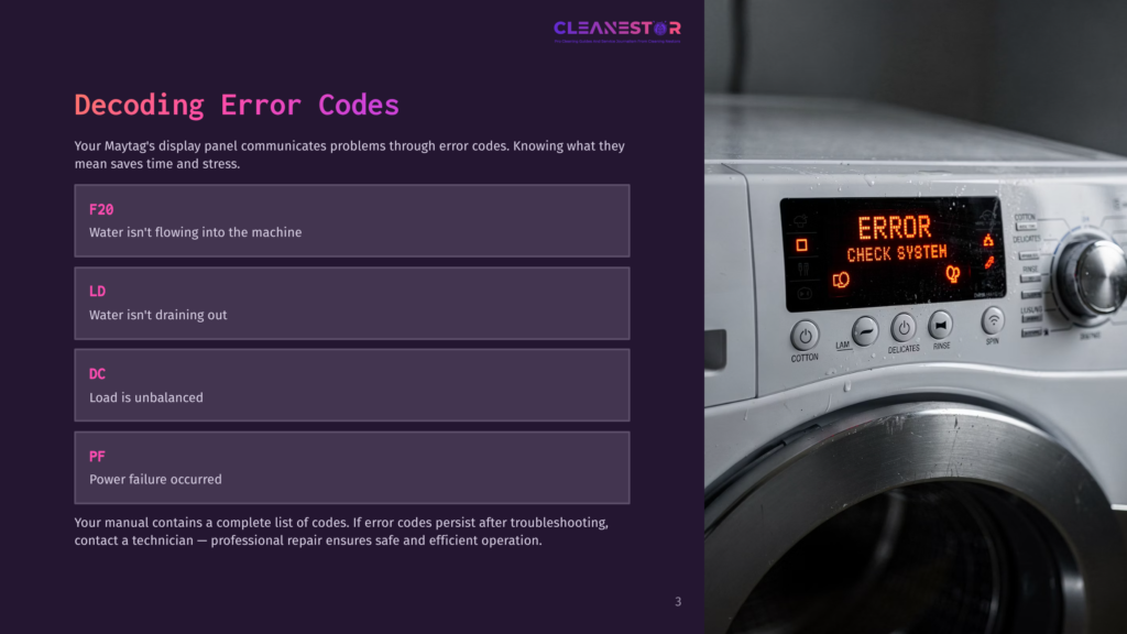 3 Decoding Error Codes Maytag Washing Machine Display Shows &Quot;Error Check System&Quot; With Error Codes F20, Ld, Dc, And Pf Listed On A Purple Background With Text About Decoding Error Codes.