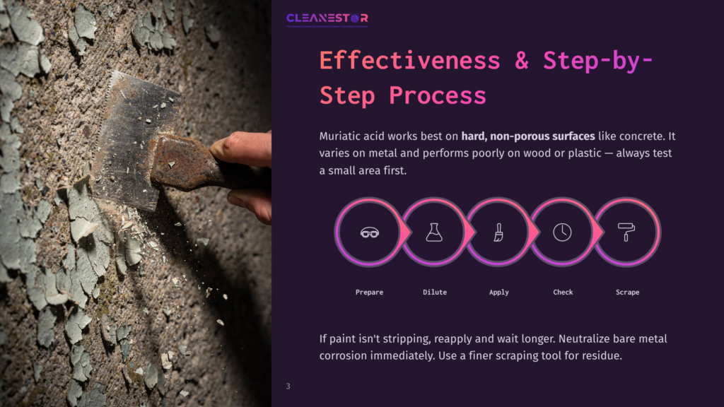 3 Effectiveness And Step By Step Process Close-Up Of A Hand Using A Metal Scraper To Remove Old, Peeling Paint From A Textured, Weathered Surface. The Cleanestor Logo And &Quot;Effectiveness &Amp; Step-By-Step Process&Quot; Text Are Visible On The Right.