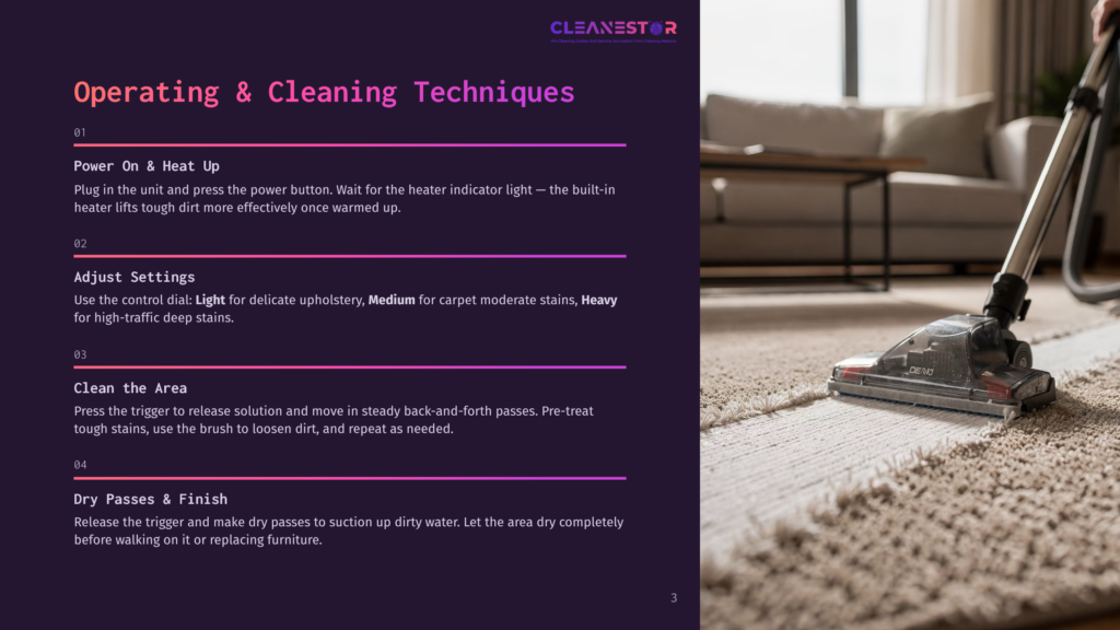 Close-Up Of A Carpet Cleaning Machine With A Brush Head On A Beige Carpet, Showing The Brush And The Machine'S Nozzle. Text Overlay Reads &Quot;Cleanestor Operating &Amp; Cleaning Techniques&Quot;.