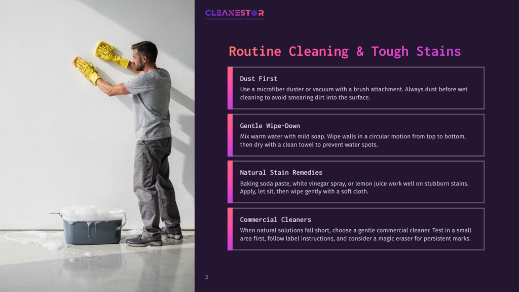 A Man In A Grey T-Shirt And Grey Pants, Wearing Yellow Cleaning Gloves, Dusts A Surface With A Yellow Duster. A Bucket Of Soapy Water And Cleaning Supplies Are Visible To The Left. Text Overlay Reads &Quot;Cleanestor Routine Cleaning &Amp; Tough Stains.