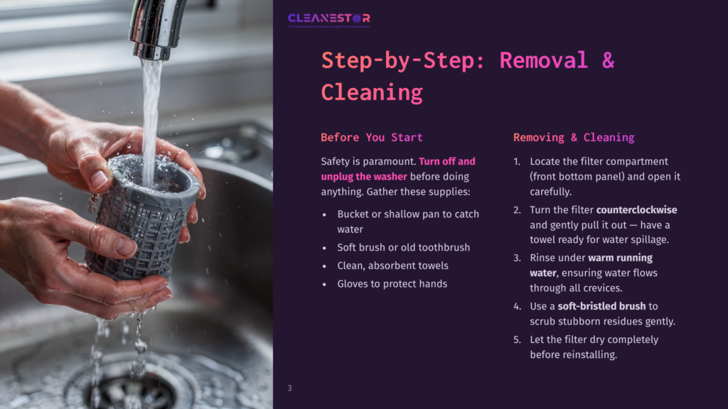 3 Step By Step Removal And Cleaning Step-By-Step Guide To Cleaning A Filter Housing: Hands Rinse A Filter Housing Under Running Water In A Sink. The Guide Includes Safety Tips And Removal &Amp; Cleaning Instructions.