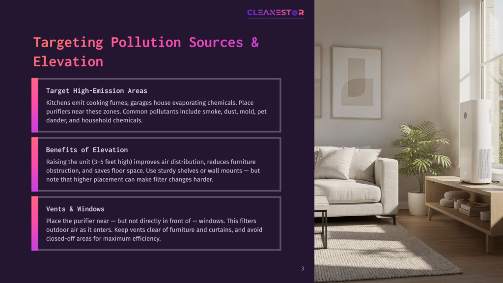 Cleanestor Logo At The Top Of A Slide Detailing &Quot;Targeting Pollution Sources &Amp; Elevation&Quot; With Bullet Points On High-Emission Areas, Benefits Of Elevation, And Vents &Amp; Windows.