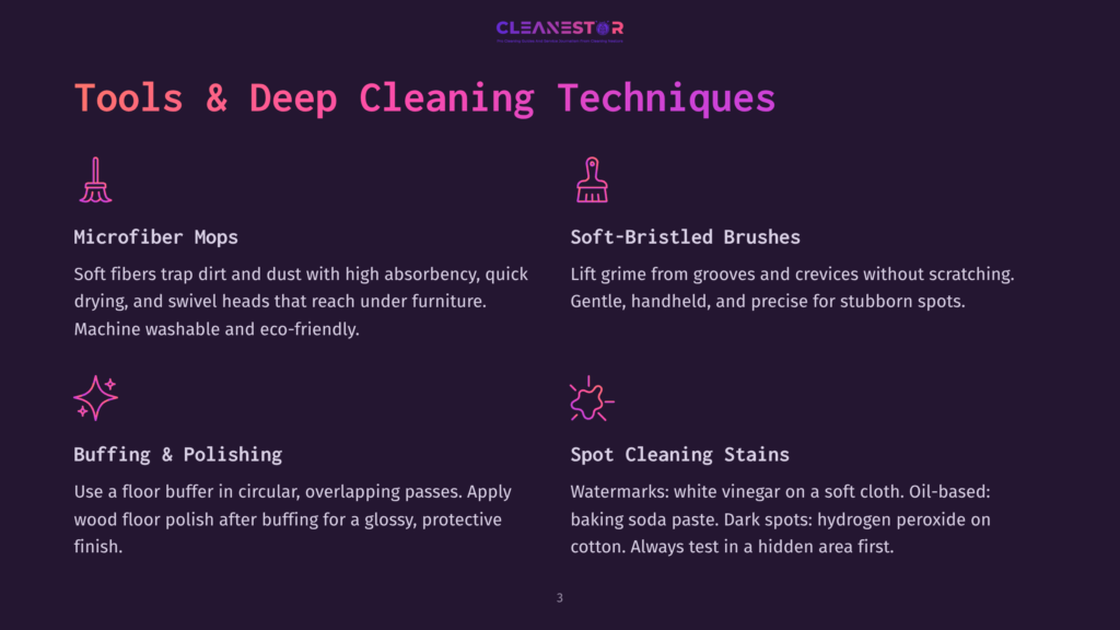 Cleanestor Logo Above A Graphic Detailing Tools And Deep Cleaning Techniques: Microfiber Mops, Soft-Bristled Brushes, Buffing &Amp; Polishing, And Spot Cleaning Stains.