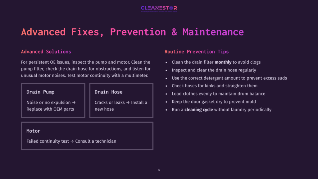 Cleanestor Infographic Detailing Advanced Fixes, Prevention Tips, And Solutions For Drain Pump And Drain Hose Issues In Washing Machines, Including Maintenance Advice.