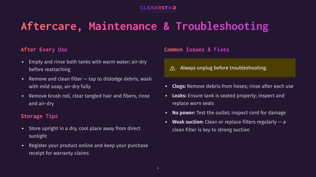 Aftercare, Maintenance &Amp; Troubleshooting Guide For A Cleaning Device, With Sections On Cleaning, Storage, And Common Issues Like Clogs And No Power.