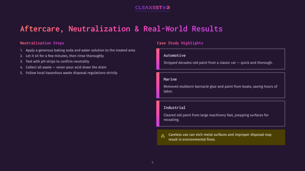 4 Aftercare Neutralization And Real World Results Cleanestor Brand Slide Titled &Quot;Aftercare, Neutralization &Amp; Real-World Results&Quot; Detailing Neutralization Steps And Case Study Highlights For Automotive, Marine, And Industrial Applications With A Warning About Improper Disposal.