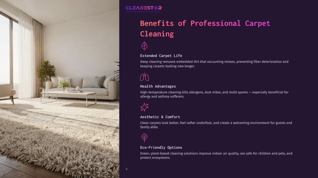 A Bright, Sunlit Living Room With A Plush, Cream-Colored Carpet, A Modern Grey Sofa, And A Large Window With Sheer White Curtains. The Text &Quot;Cleanestor&Quot; And &Quot;Benefits Of Professional Carpet Cleaning&Quot; Is Visible.