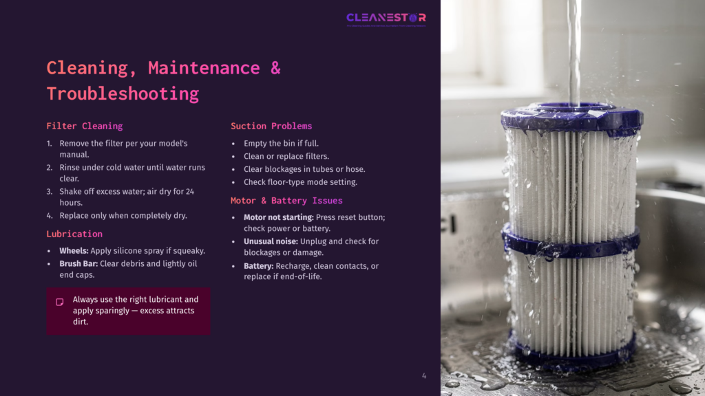 A Close-Up Shot Of A Cylindrical Vacuum Cleaner Filter Being Rinsed Under A Stream Of Water In A Kitchen Sink, With Cleaning And Maintenance Tips Displayed On A Dark Purple Background.