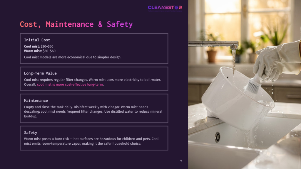 A Person In A White Glove Is Cleaning A White Bowl Under A Faucet With A Brush, With Text Overlay About Cost, Maintenance, And Safety Of Cool Mist Humidifiers.