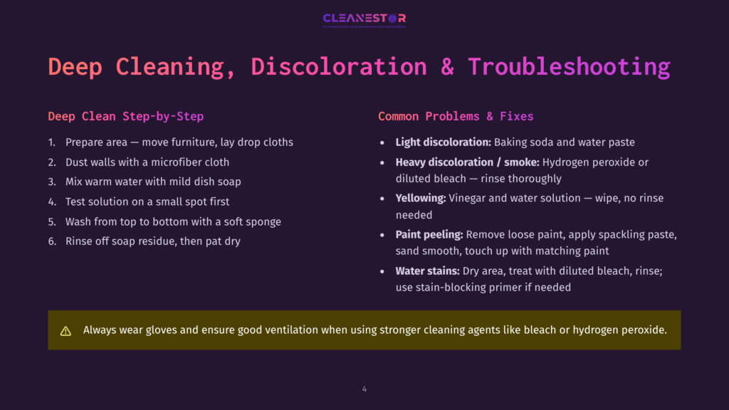 Presentation Slide Titled &Quot;Deep Cleaning, Discoloration &Amp; Troubleshooting&Quot; With Step-By-Step Cleaning Instructions And Common Problems Like Light Discoloration, Heavy Discoloration, And Paint Peeling.