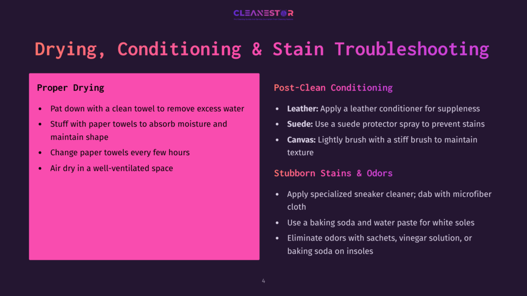 A Slide Titled &Quot;Drying, Conditioning &Amp; Stain Troubleshooting&Quot; With Sections On &Quot;Proper Drying&Quot; And &Quot;Post-Clean Conditioning&Quot; For Shoes.