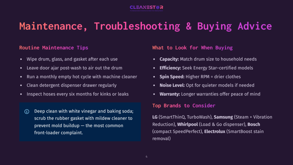 Image Displays A Slide With Text About &Quot;Maintenance, Troubleshooting &Amp; Buying Advice&Quot; For Appliances. It Lists Tips For Routine Maintenance And Factors To Consider When Buying, Including Brands Like Lg, Whirlpool, Samsung, And Electrolux.
