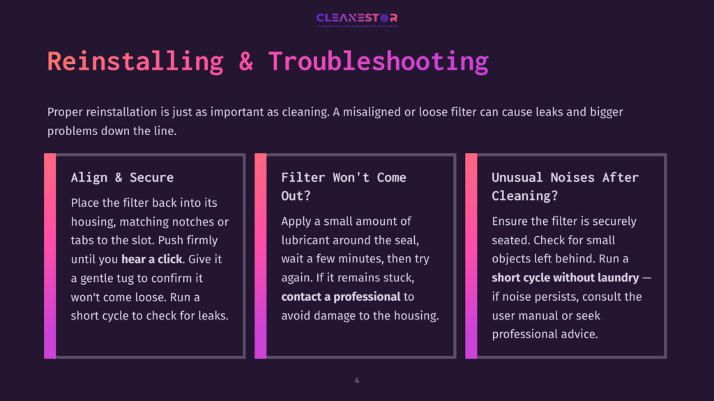 4 Reinstalling And Troubleshooting Three Panels Detailing How To Re-Install And Troubleshoot A Filter. The First Panel Is Titled &Quot;Align &Amp; Secure&Quot;, The Second &Quot;Filter Won'T Come Out?&Quot;, And The Third &Quot;Unusual Noises After Cleaning?&Quot;.