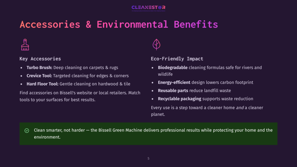 Cleanestor Logo At The Top, With Text Detailing &Quot;Accessories &Amp; Environmental Benefits&Quot; Including Key Accessories Like &Quot;Turbo Brush&Quot; And &Quot;Crevice Tool&Quot;, And Eco-Friendly Impacts Like &Quot;Biodegradable Cleaning Formulas&Quot; And &Quot;Recyclable Packaging&Quot;.