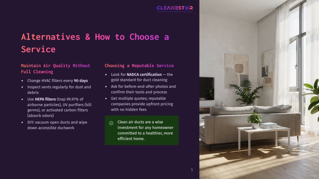 5 Alternatives And How To Choose A Service Cleanestair Logo And Text &Quot;Alternatives &Amp; How To Choose A Service&Quot; On A Dark Purple Background, With Bullet Points About Air Quality And Choosing A Reputable Service. A Bright, Modern Living Room With A Couch And Window Is On The Right.