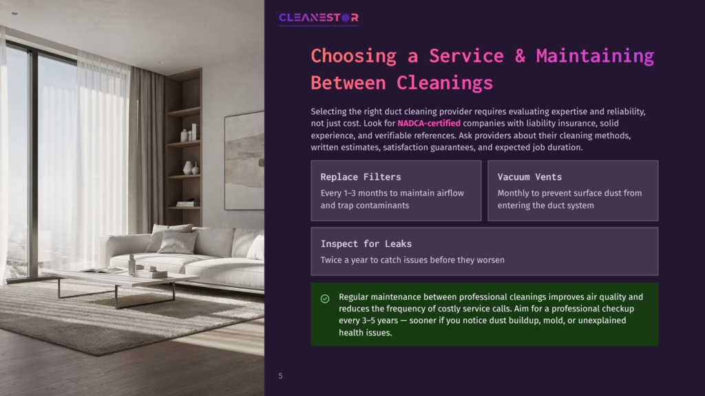 Cleanestor Logo And Text &Quot;Choosing A Service &Amp; Maintaining Between Cleanings&Quot; Over A Modern Living Room With A Sofa, Coffee Table, And Large Window.