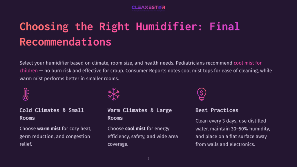 Choosing The Right Humidifier: Final Recommendations. Three Icons Represent Cold Climates &Amp; Small Rooms, Warm Climates &Amp; Large Rooms, And Best Practices For Humidifier Use.