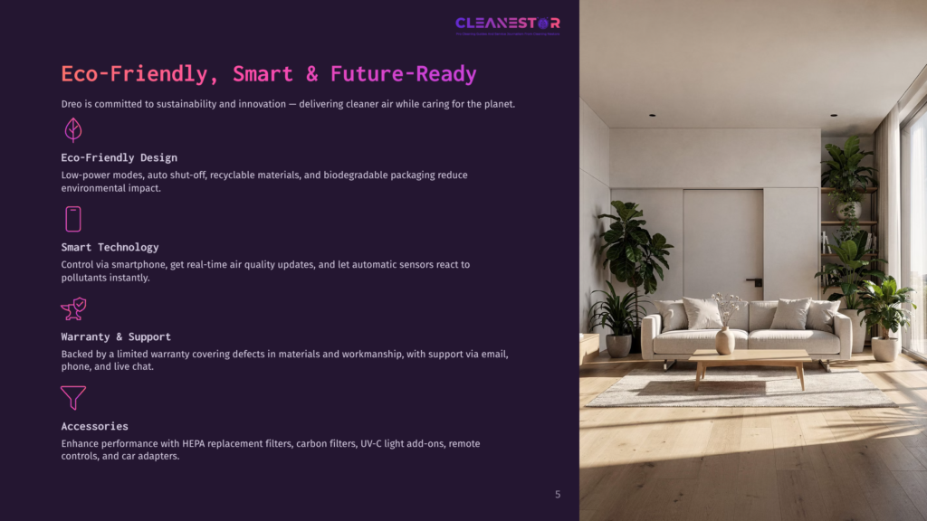 Cleanestor Air Purifier In A Modern Living Room. A Sleek, White Air Purifier Sits On The Floor Next To A Light-Colored Sofa And A Wooden Coffee Table, With Lush Green Plants In The Background.