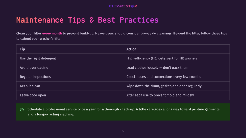 5 Maintenance Tips And Best Practices A Dark Purple Background With The Cleanestor Logo At The Top. Below, A Title Reads &Quot;Maintenance Tips &Amp; Best Practices&Quot; With Bulleted Lists Of Tips For Washing Machines, Such As &Quot;Use The Right Detergent&Quot; And &Quot;Avoid Overloading.