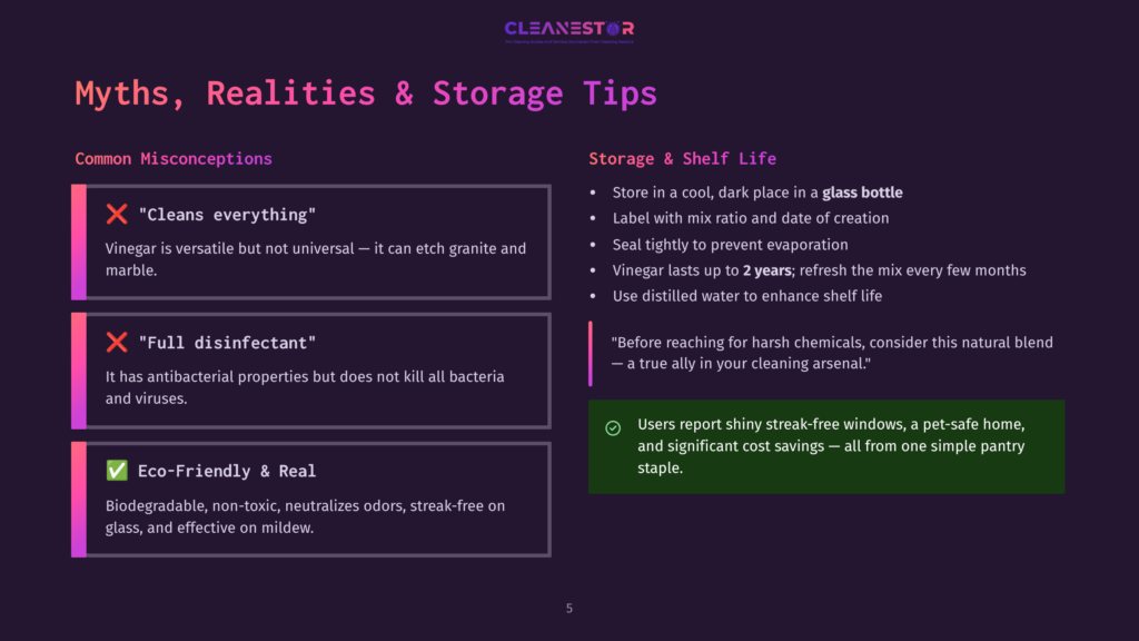 A Presentation Slide Titled &Quot;Myths, Realities &Amp; Storage Tips&Quot; For Cleanestor. It Debunks Common Misconceptions About Cleaning Products And Offers Storage Advice, Including Using A Glass Bottle And Sealing Tightly.