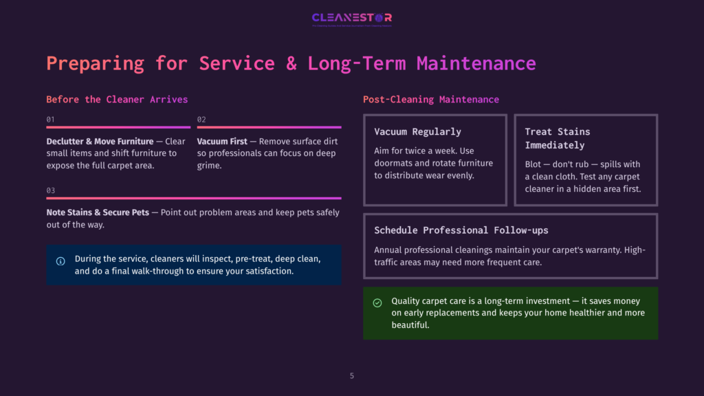 Infographic Titled &Quot;Preparing For Service &Amp; Long-Term Maintenance&Quot; With Sections On Pre-Cleaning Tasks Like Decluttering And Vacuuming, And Post-Cleaning Tips Such As Stain Removal And Scheduling Professional Cleanings.