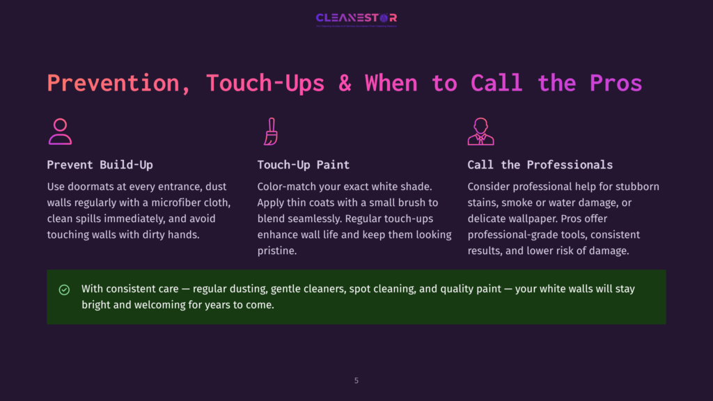 Cleanestor Logo And Text: Prevention, Touch-Ups &Amp; When To Call The Pros. Three Icons Represent Preventing Build-Up, Touch-Up Paint, And Calling Professionals. A Green Bar States: With Consistent Care – Regular Dusting, Gentle Cleaners, Spot Cleaning, And Quality Paint – Your White Walls Will Stay Bright And Welcoming For Years To Come.