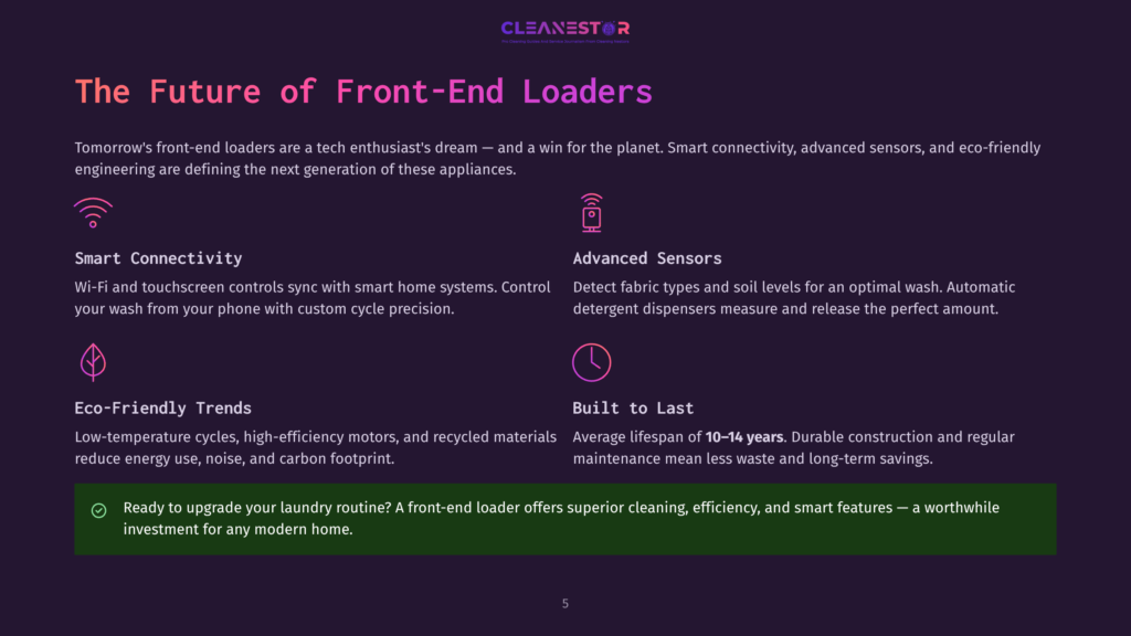 The Future Of Front-End Loaders: Smart Connectivity, Advanced Sensors, And Eco-Friendly Trends For Modern Homes. Features Include Wi-Fi Control, Fabric Sensors, And Durable Construction.