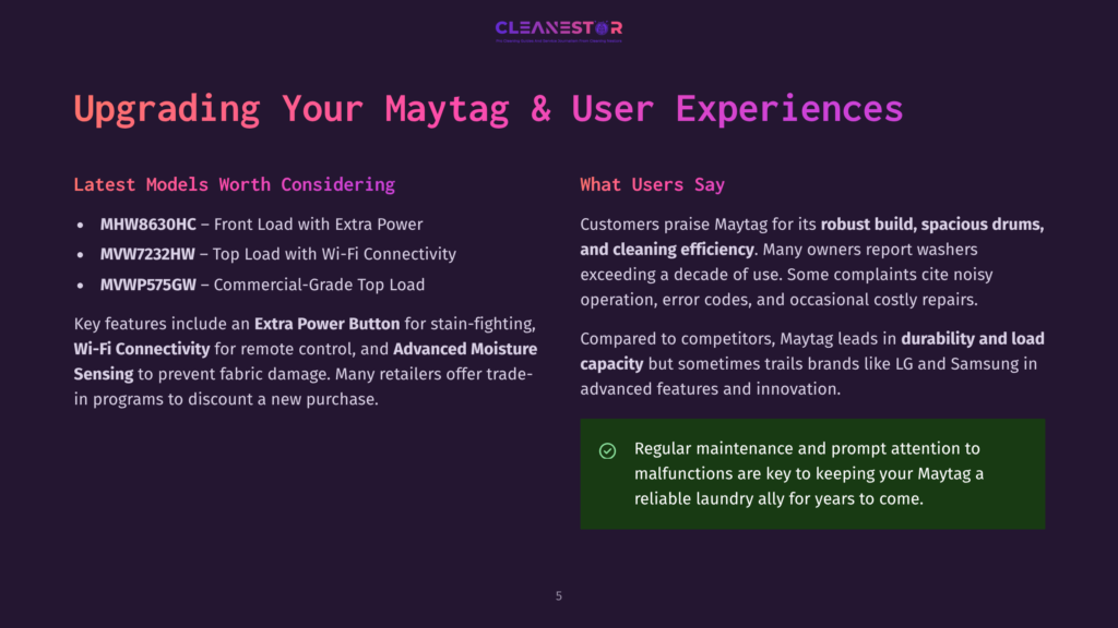 5 Upgrading Your Maytag And User Experiences 1 Cleanestor Logo With Text &Quot;Upgrading Your Maytag &Amp; User Experiences&Quot; And Bullet Points Listing Maytag Washer Models And Features Like &Quot;Extra Power Button&Quot; And &Quot;Wi-Fi Connectivity&Quot;.