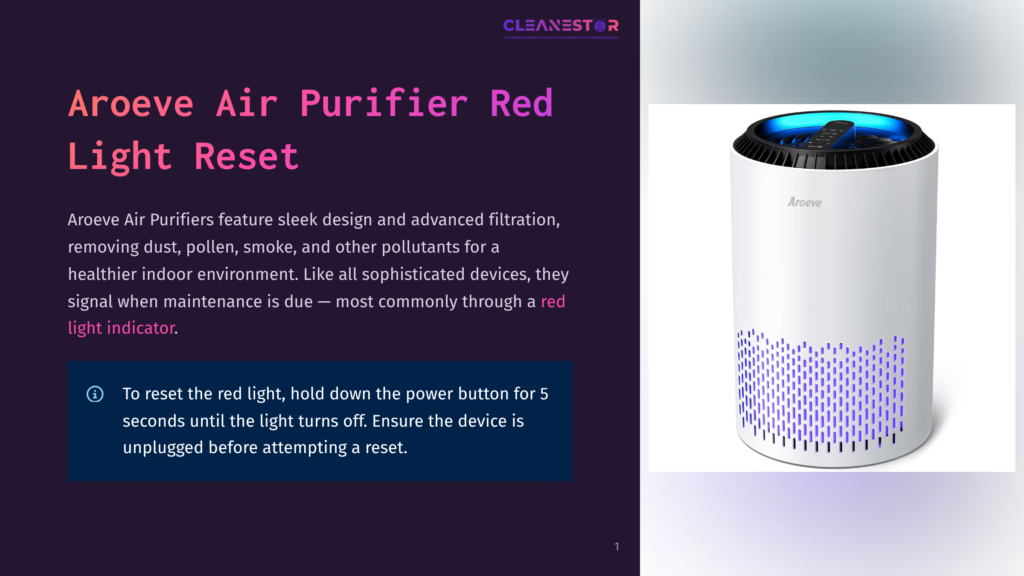 1 Aroeve Air Purifier Red Light Reset A White Aroeva Air Purifier With A Blue Light On Top And Purple Light Emanating From Its Base, Sitting On A Dark Background. Text On The Left Describes The Aroeve Air Purifier Red Light Reset.