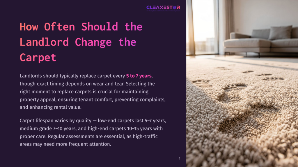 1 How Often Should The Landlord Change The Carpet Close-Up Of Footprints On A Plush, Cream-Colored Carpet, With A Modern Living Room Featuring A Sofa And Large Window In The Blurred Background. &Quot;Cleanestor&Quot; Logo Visible.