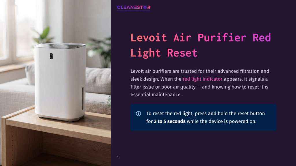 A White Levoit Air Purifier Sits On A Wooden Table Next To A Sofa, With The Text &Quot;Levoit Air Purifier Red Light Reset&Quot; Visible.