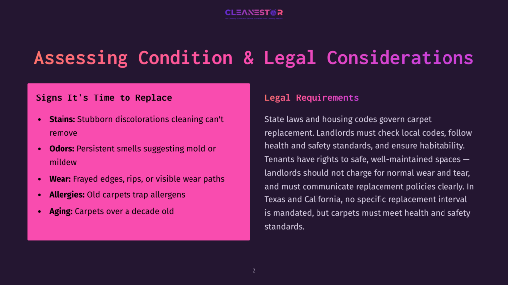 2 Assessing Condition And Legal Considerations Slide Titled &Quot;Assessing Condition &Amp; Legal Considerations&Quot; With Text About Carpet Condition Signs Like Stains, Odors, Wear, And Aging, And Legal Requirements For Landlords.