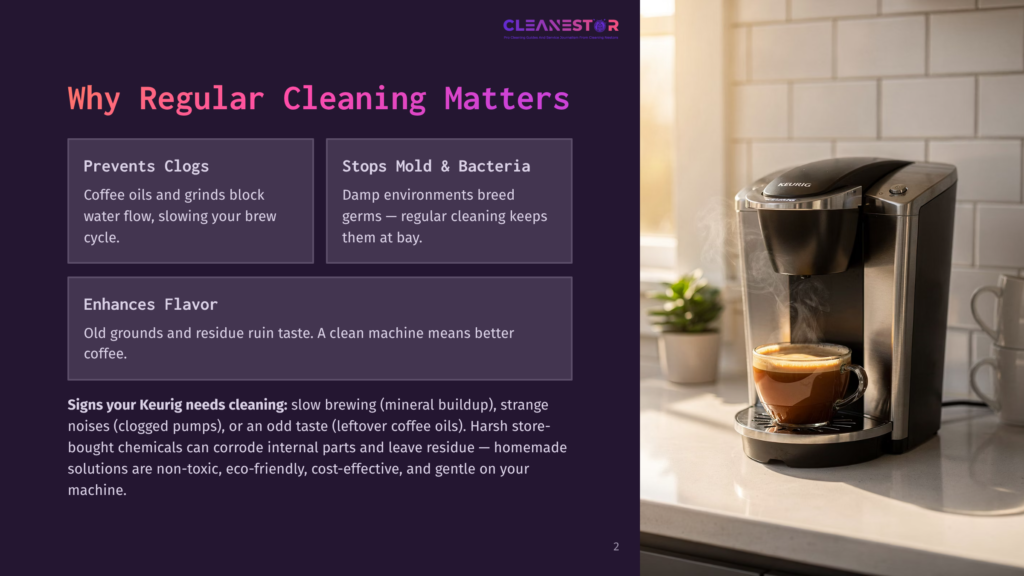 2 Why Regular Cleaning Matters A Steaming Cup Of Coffee Sits Next To A Keurig Coffee Maker On A Kitchen Counter, With Text About Why Regular Cleaning Matters.
