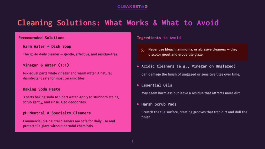 Dark Purple Background With A Pink Rectangle On The Left Listing Cleaning Solutions Like &Quot;Warm Water + Dish Soap&Quot; And &Quot;Vinegar &Amp; Water (1:1)&Quot;. The Right Side Lists &Quot;Ingredients To Avoid&Quot; In White Text, Including &Quot;Never Use Bleach, Ammonia, Or Abrasive Cleaners&Quot;.