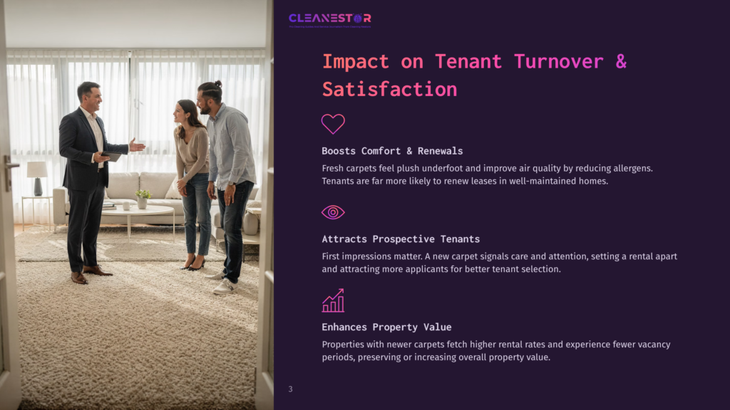 3 Impact On Tenant Turnover And Satisfaction A Real Estate Agent In A Suit Shows A Clean, Well-Maintained Apartment To A Young Couple, Highlighting The Importance Of Tenant Satisfaction And Property Value.