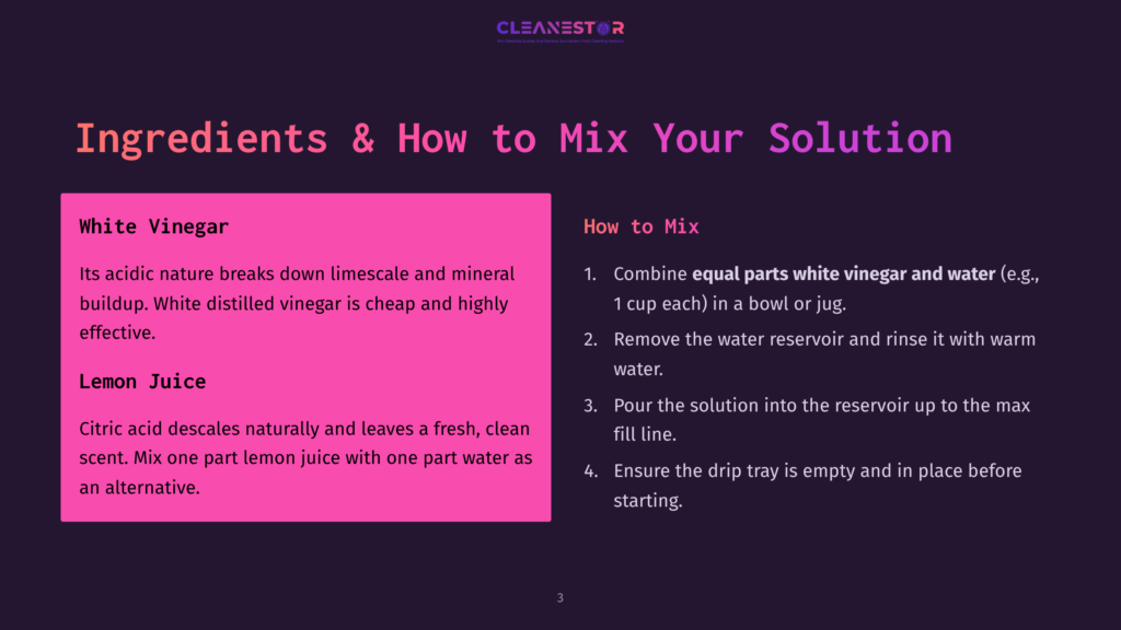 3 Ingredients And How To Mix Your Solution A Presentation Slide Titled &Quot;Ingredients &Amp; How To Mix Your Solution&Quot; From Cleanestor, Detailing White Vinegar And Lemon Juice As Cleaning Ingredients And Providing A 4-Step Mixing Guide.